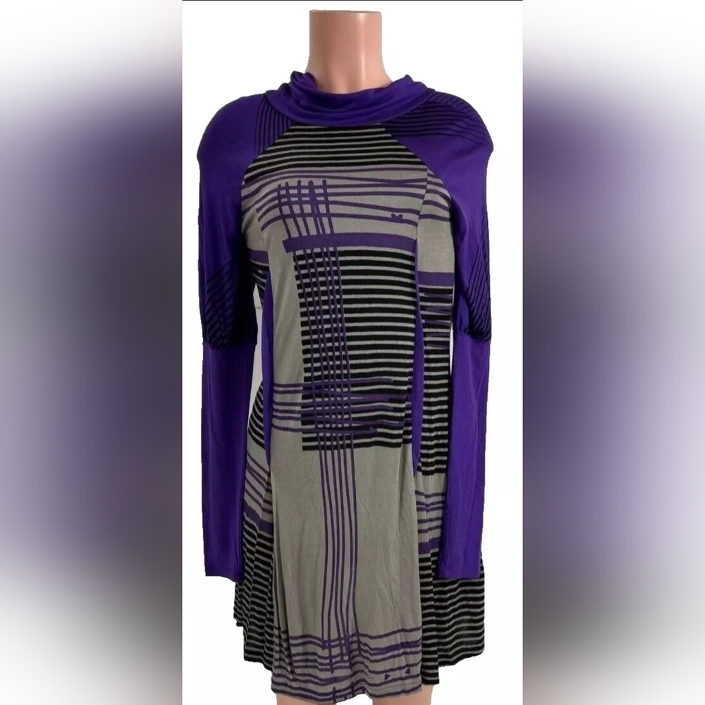 Paramita Purple Black Grey Striped Long Sleeve Cowl Neck Yoga Dress Top Size M